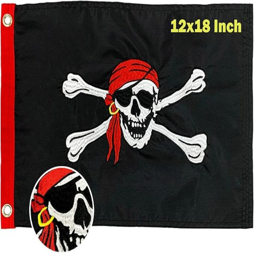 TOPFLAGS 12x18 Inch Pirate Flag Embroidered Red Skull Bones Jolly Roger